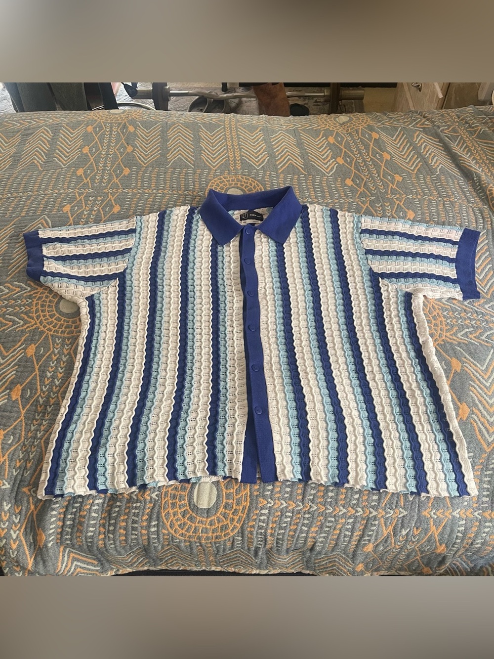 Original Use Blue, Navy and White Striped Knit Button-Up Shirt